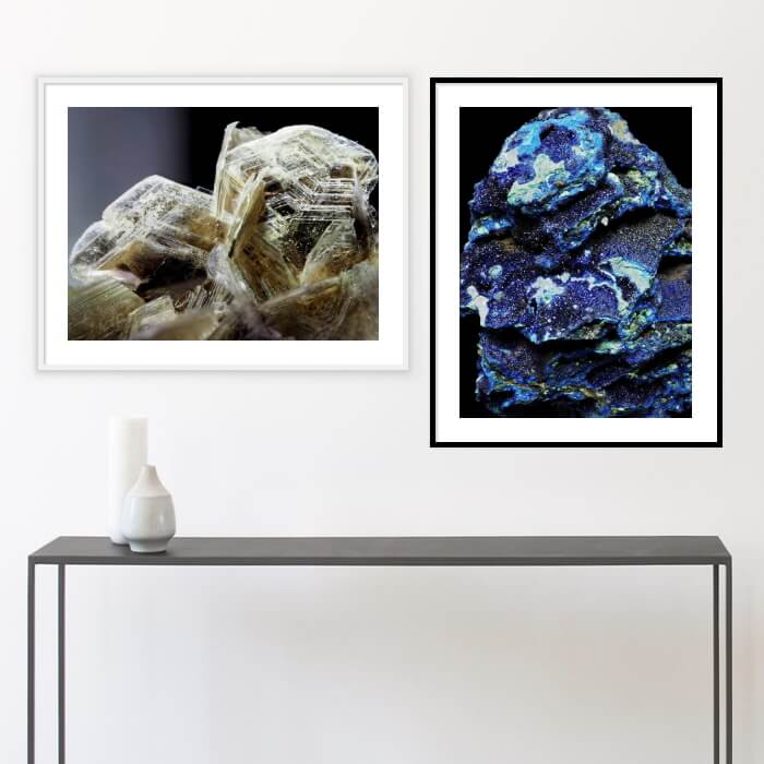 mineral photos printed and framed, hanging on a wall